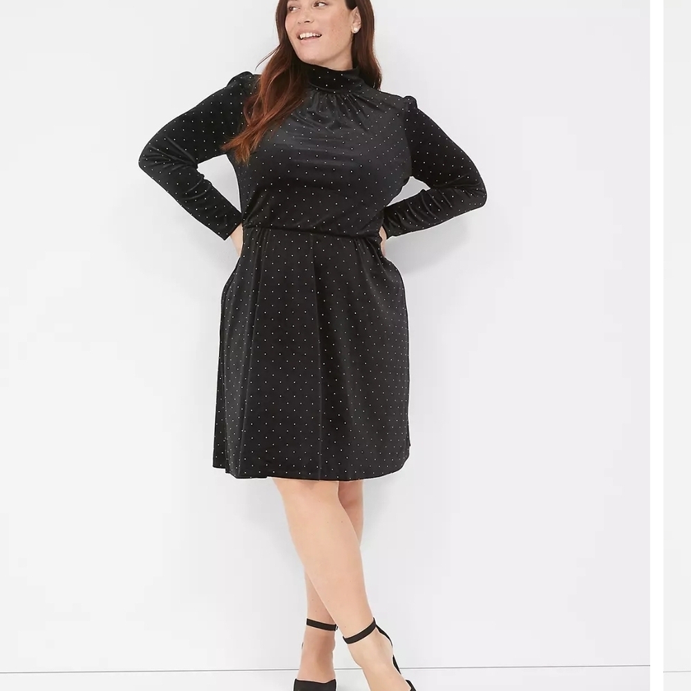 Lane Bryant Black Long-Sleeve Mock Neck Dress with White Dot Print